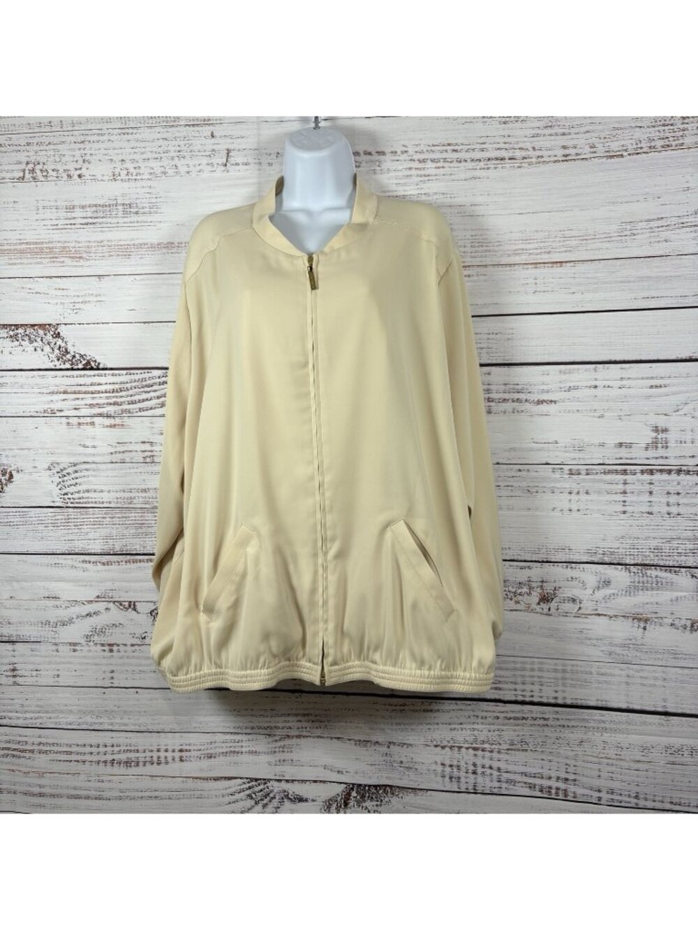 Susan Graver Cream Full Zip Pockets Long Sleeve Jacket